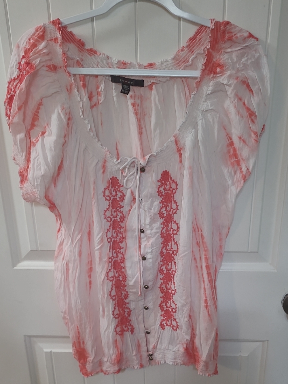 Fever XXL Coral and White Tie-Dye Peasant Blouse
